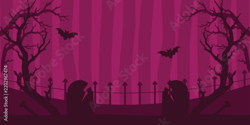Dark horror cemetery background with twisted trees, tombstones, bats, and wrought iron fence.