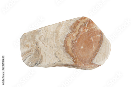 Top view of natural onyx marble stone isolated on white background. Polished travertine rock texture with organic brown and beige patterns.