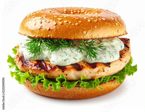 Grilled chicken sandwich with lettuce, creamy herb sauce with dill, white background. AI
