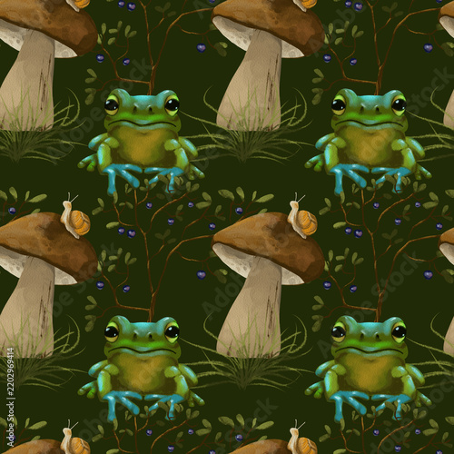 Seamless pattern with cute watercolor forest frog, mushroom, and snail on dark background