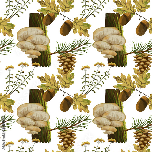 Seamless pattern with watercolor tree shelf fungi, oak branches, and pine cones