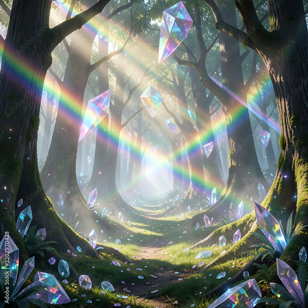 Obraz premium Enchanted Mystical Forest Path Filled With Glowing Iridescent Crystals and Radiant Rainbow Light Beams for Fantasy Background