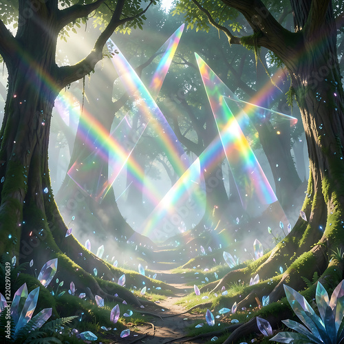 Mystical Enchanted Forest with Glowing Iridescent Crystals and Ethereal Light Beams in a Magical Dreamscape