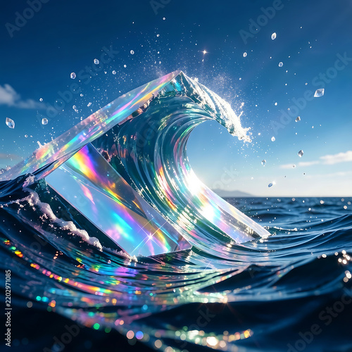 A stunning, surreal ocean wave, transformed into a shimmering prism of light, capturing vibrant refractions and holographic effects against a brilliant blue sky, creating a mesmerizing abstract vision