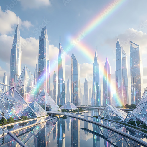 Futuristic Cityscape with Modern Glass Skyscrapers and a Bright Rainbow Over Reflective Water