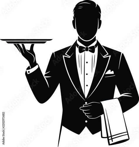 Silhouette of a waiter holding a tray and napkin server