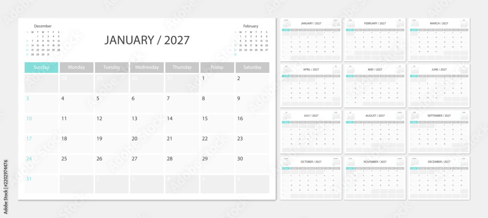 Fototapeta premium Calendar 2027 week start Sunday corporate design planner template.