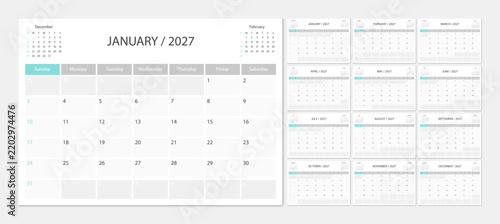 Calendar 2027 week start Sunday corporate design planner template.
