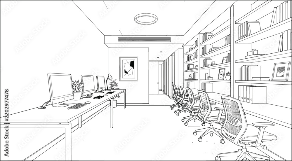 Fototapeta premium Modern library research laboratory sketch vector illustration with long computers desks ergonomic office chairs and large bookshelves