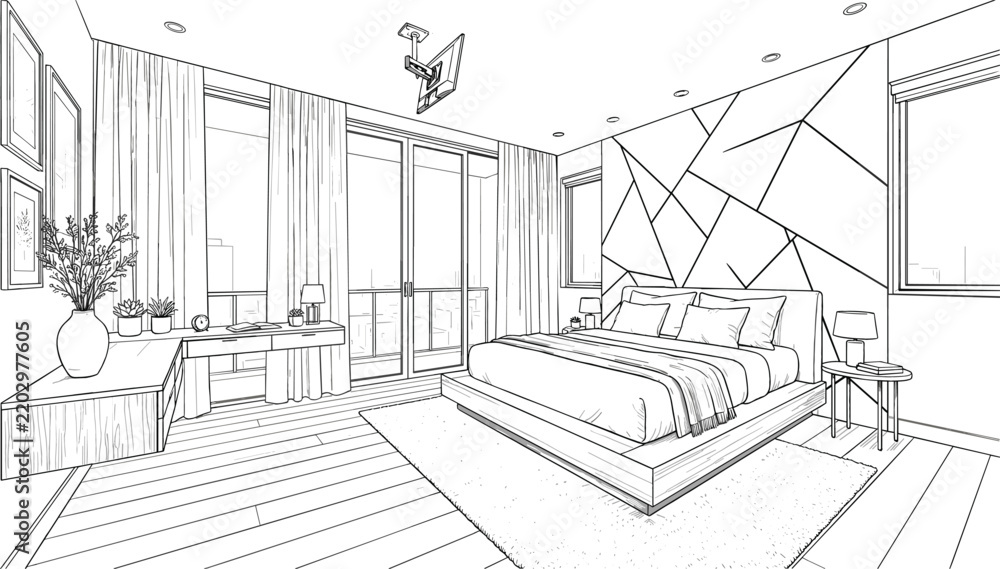 Fototapeta premium Modern luxury bedroom interior sketch vector illustration with geometric mosaic feature wall platform bed and balcony glass doors