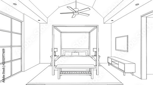 Fotografie Modern master bedroom interior sketch vector illustration with four poster canop