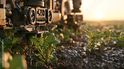 Precision agriculture and smart farming technology autonomous robot weeding crops in a field at sunset automated agricultural machinery in action