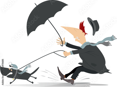 Cool weather. Man in the warm cloth and umbrella tries to stop a running away dog