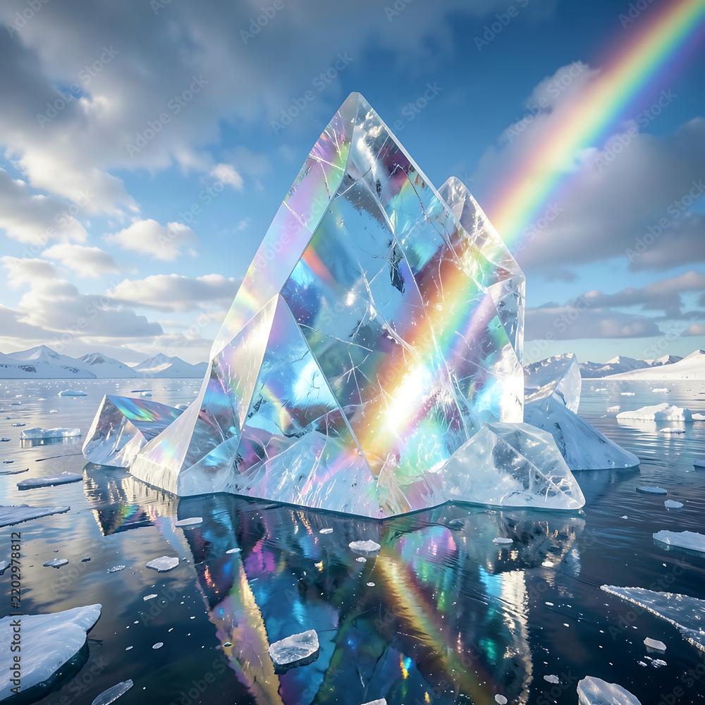 Obraz premium Surreal Prismatic Iceberg Refracting Rainbow Light in a Frozen Arctic Landscape