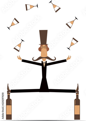 A trick with bottles and wine glasses