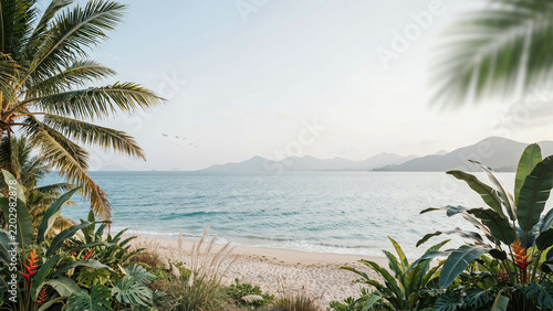Tropical beach vacation destination showcasing pristine sandy shore and turquoise ocean with lush palm vegetation