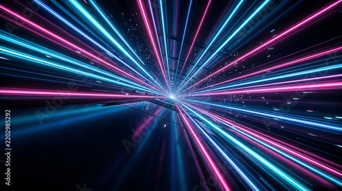 Abstract futuristic tunnel with vibrant neon lights converging toward a bright vanishing point in the distance