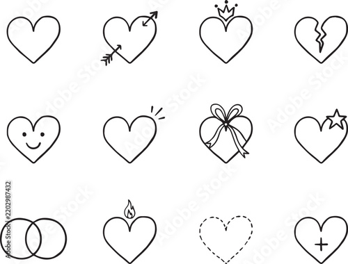 Vector hand-drawn childlike doodle heart icon set. Black stroke on white background victor

