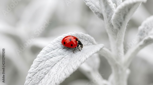 A ladybug rests on a green plant leaf detailed macro photography