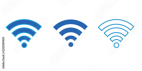 Blue Wi-Fi Signal Icons Set, Wireless Internet Connection Symbol Vector in Filled, Dual-Tone, and Outline Styles Isolated on White Background