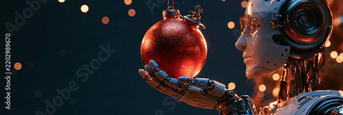 Roboterhand hält rote Weihnachtskugel vor dunklem Bokeh-Hintergrund