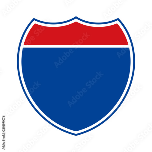Blank interstate highway sign with red and blue sections isolated on white background for custom text