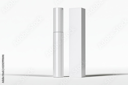 Minimalist mascara packaging design: blank tube and box on a white backdrop, 3D illustration