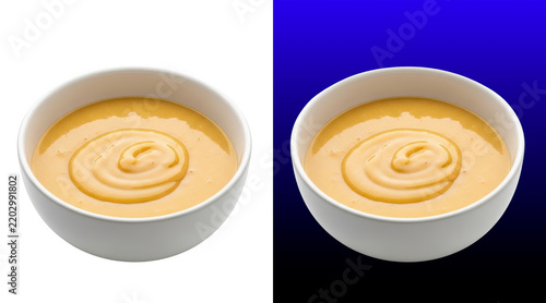 Creamy swirled dessert sauce in white bowls