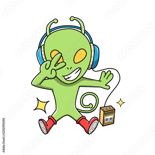 Cute green alien wearing headphones and listening to music from a retro cassette player walkman while making a peace sign vector illustration