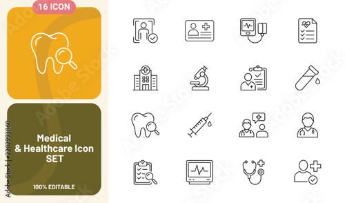 Medical and healthcare icon set line vector icons of tooth with magnifier, hospital, microscope, syringe, doctor, medical record, test tube, stethoscope, heart monitor