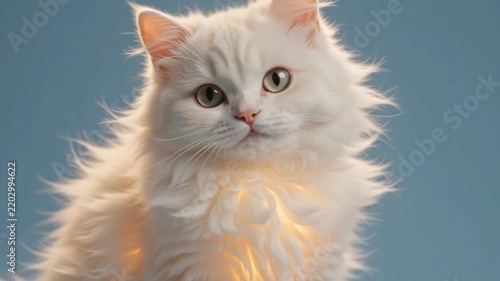 Adorable fluffy white kitten with bright expressive eyes posing against a soft blue studio background