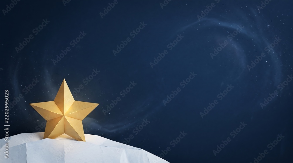 Obraz premium Golden paper star on white snow at night