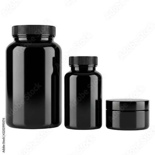 Three black plastic supplement bottles of different sizes