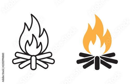 Stylized fire icon collection featuring outline and solid orange flame designs for logo or symbols.