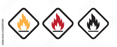 Flammable material hazard warning symbols in diamond frames with orange red and black flame icons.