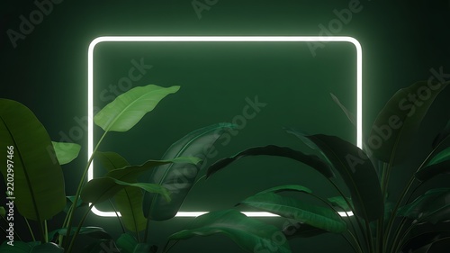 Glowing neon frame surrounded by tropical green leaves on a dark background