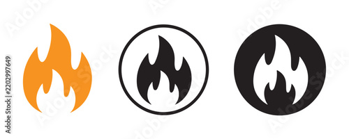 Orange fire flame icon with black outlined and filled variations for design.
