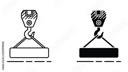 Industrial crane hook lifting heavy load icon in outline and solid black for logistics
