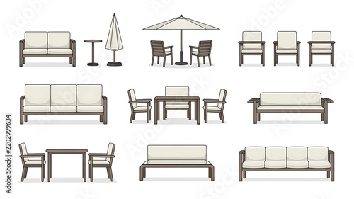 Vector set of garden furniture in elevation view for use in architectural drawings