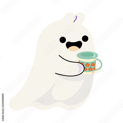 Cute ghost holding a Halloween candy cup illustration