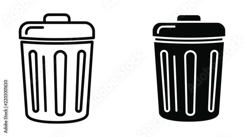 Trash can delete icon set in outline and solid black vector styles for user interfaces