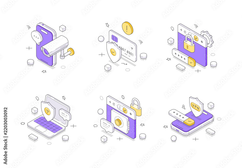 Obraz premium Isometric vector illustration of cybersecurity icons. Collection for online privacy, secure payments, VPN access, and data protection. Perfect for modern web design and security application interfaces