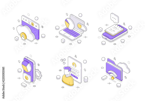Isometric vector illustration of data management icons. Collection for cloud storage, web development, user login, and mobile analytics. Modern design for app interfaces and business presentations