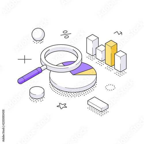 A detailed isometric vector illustration of data analysis. A magnifying glass over a pie chart for market research, financial audit, and statistical inspection. A business intelligence outline concept