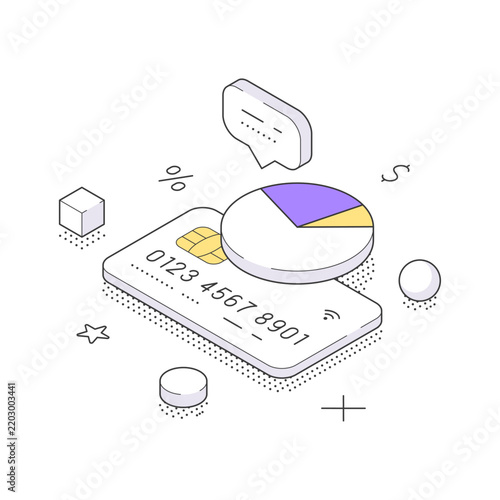 A unique isometric vector illustration of credit card analytics. A pie chart on a bank card for personal finance management and online payment statistics. An e-commerce and banking outline concept
