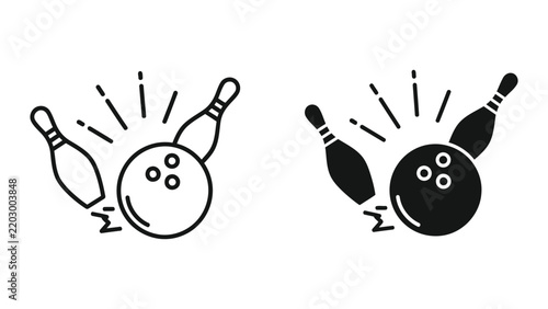 Bowling ball hitting pins action icon set isolated on transparent vector art