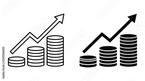 Rising financial profit graph with coin stacks vector icons isolated on white background