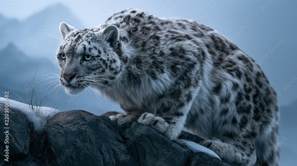 Obraz premium Majestic Snow Leopard with Thick Fur Blending with Snow on a Rocky Cliff Under Cold Atmospheric Lighting