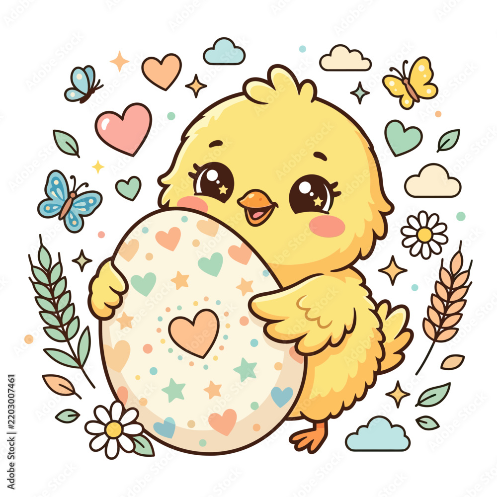 Fototapeta premium Cute yellow chick holding a decorated Easter egg surrounded by flowers, hearts, and butterflies