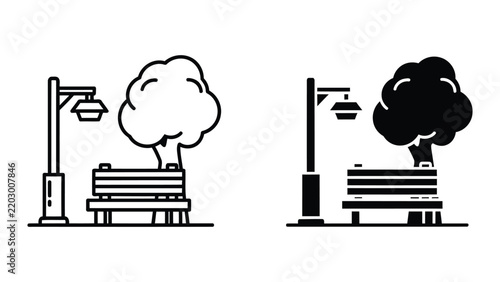 Park bench with tree and street lamp vector icon set for urban planning and landscape design